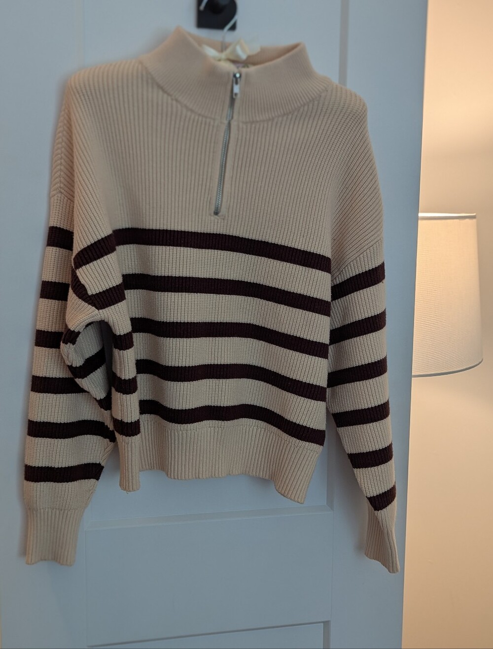Thread & Supply Half-Zip Ribbed Sweater in Brown Stripe And Cream Sweater
